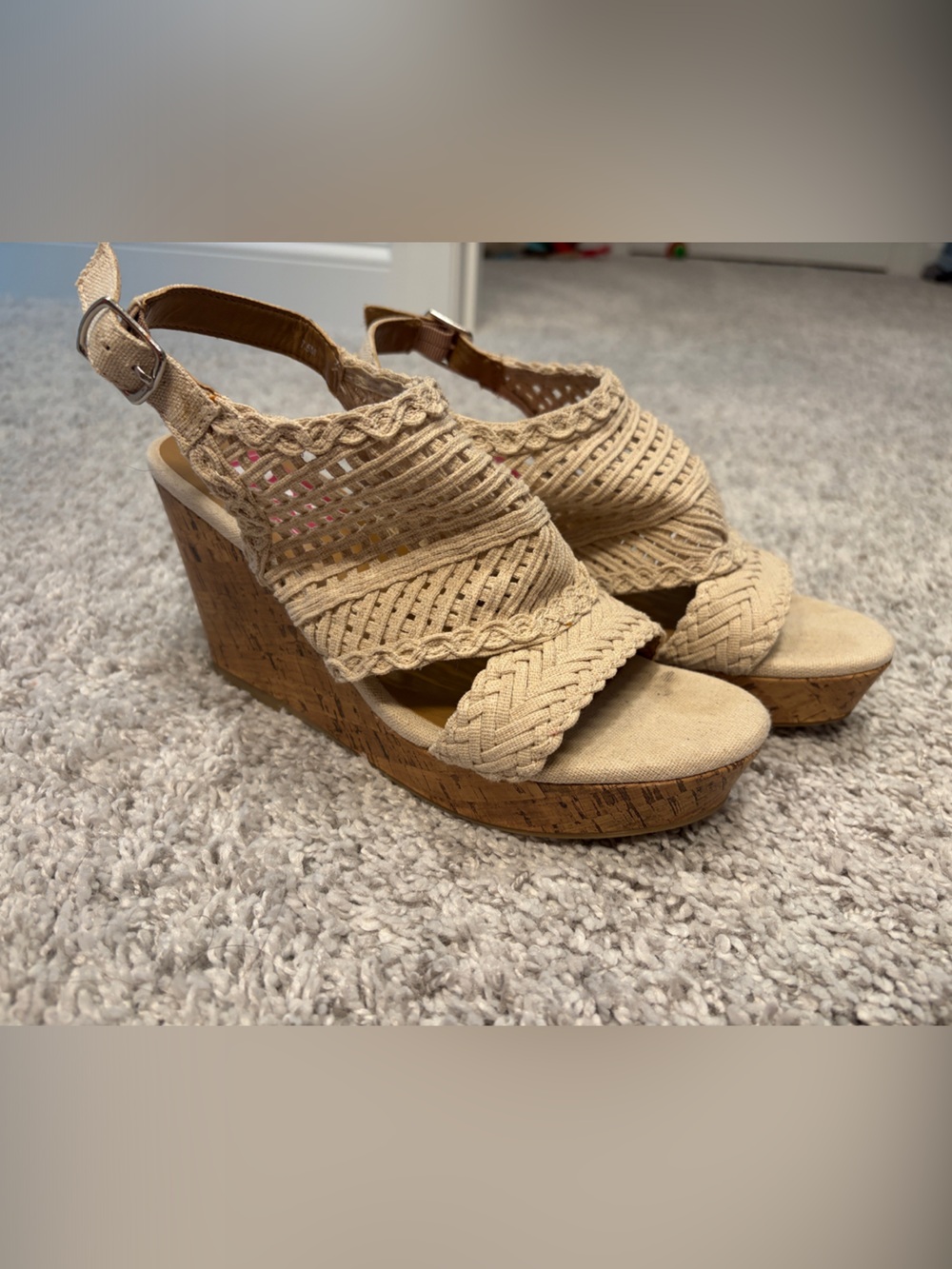 pop Beige Woven Cork Wedge Sandals